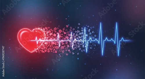 Heart rate, ECG, neon medical icons, glowing red blue, vector illustration