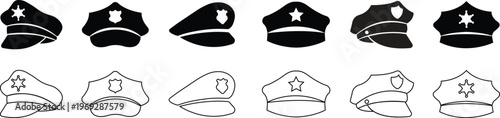 Police officer hat icon set in flat, outline styles. Military and security uniform cap silhouettes collection, law enforcement headwear vectors for authority design isolated on transparent background.