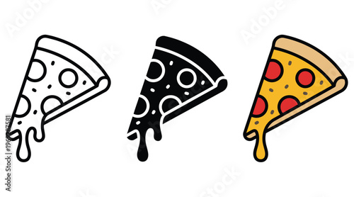 Pizza slice icon. Piece of pizza peperoni vector illustration. Pizzeria logo. Salami pizza symbol. Fast food sign in three different styles.