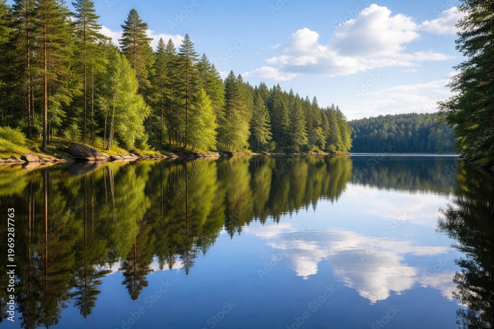 Obraz premium Scenic lake landscape with mirrored forest reflections on a calm summer day