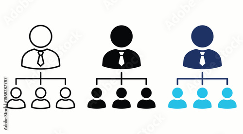 Management and team hierarchy icon with leader and subordinates. Symbol of business organization, leadership structure, staff management, corporate hierarchy, workforce supervision.