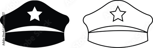Police officer hat icon set in flat, outline styles. Military and security uniform cap silhouettes collection, law enforcement headwear vectors for authority design isolated on transparent background.
