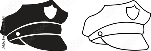 Police officer hat icon set in flat, outline styles. Military and security uniform cap silhouettes collection, law enforcement headwear vectors for authority design isolated on transparent background.