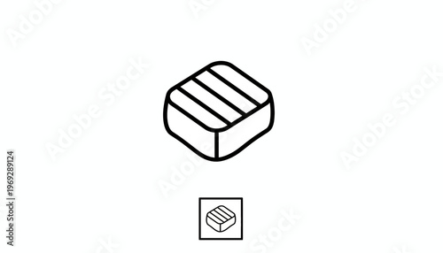 Minimalist isometric icon of a grilled steak or meat cube, simple line art