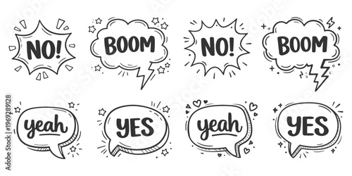 Tableau sur toile Set of Doodle Speech Bubbles with NO, BOOM, Yeah, and YES