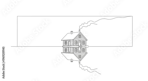 Minimalist Line Art: Cozy Cabin Reflected in Water with Smoke from Chimney