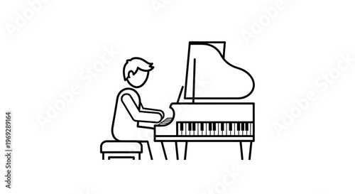 Minimalist Line Art Icon of a Person Playing Grand Piano on a Stool