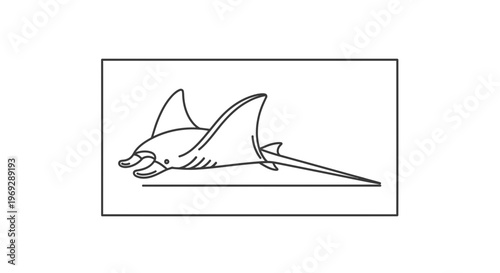 Minimalist line art illustration of a manta ray swimming in the ocean, black and white vector graphic.