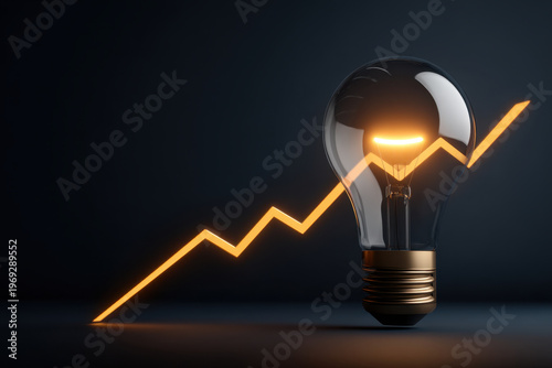 Business strategy planning investment growth idea concept with glowing light bulb and rising line on dark background