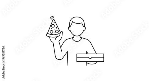 Man holding pizza slice and box, delivery service, fast food, cartoon style icon