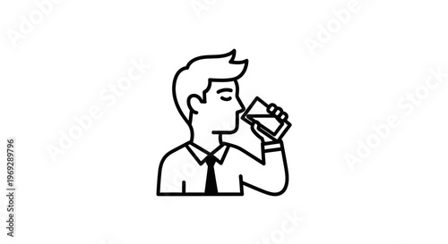Man in Shirt and Tie Drinking Water from Glass, Business Hydration Icon