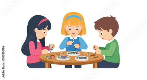 Three young children are sitting around a wooden table, focused on threading colorful beads onto strings to create their own unique handmade jewelry.