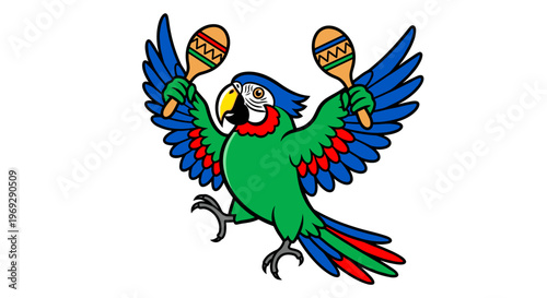 Festive parrot with maracas in bold tropical vector illustration