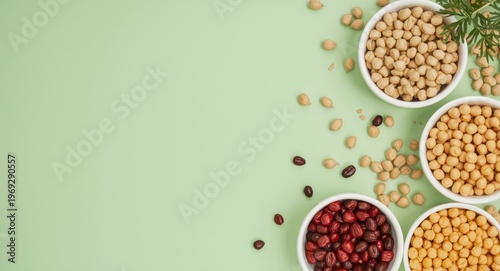 Overhead view of white bowls with dried chickpeas and assorted legumes on a light green backdrop for vegetable protein promotion copy space