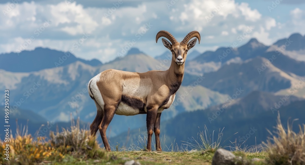 Obraz premium Wild ibex standing tall against backdrop of mountain peaks