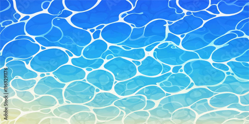 Abstract top view of a transparent, inviting azure ocean surface. The artwork depicts the mesmerizing dance of light and shadow, and offers a glimpse of the underwater world.