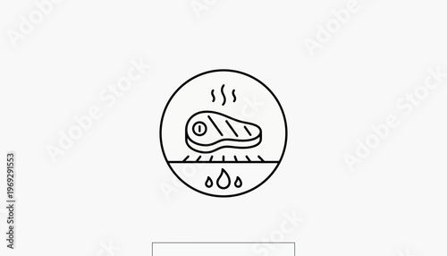 Grilling Steak Icon: Delicious Meat Cooking on Barbecue Grill with Steam and Drops