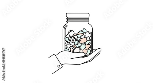 Hand holding jar full of colorful pills, capsules, and tablets