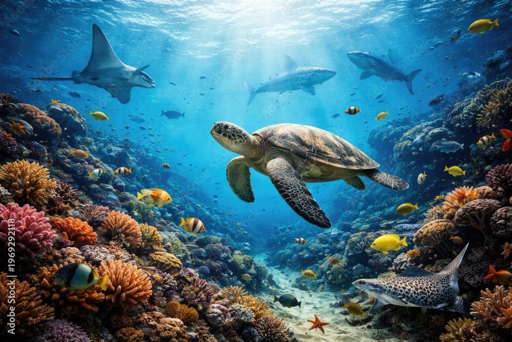 Fototapeta premium Underwater seascape featuring diverse marine animals swimming