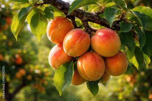 ripe apricots cluster hanging from orchard tree branch