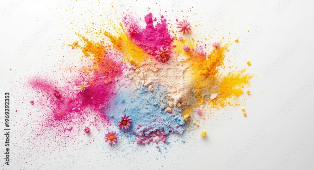Fototapeta premium White backdrop with colorful powder scattered in floral burst formations