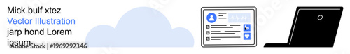 Cloud computing, remote work, digital identity, cybersecurity, technology, online storage. A cloud, user profile interface and laptop are . Cloud computing and remote work concept