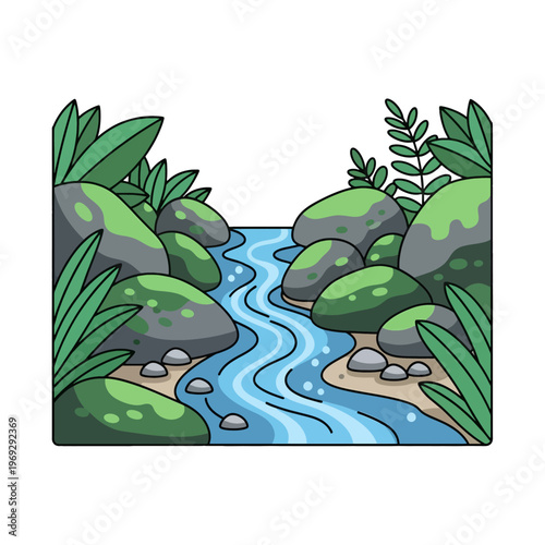 A gentle stream flows through a rocky, green landscape