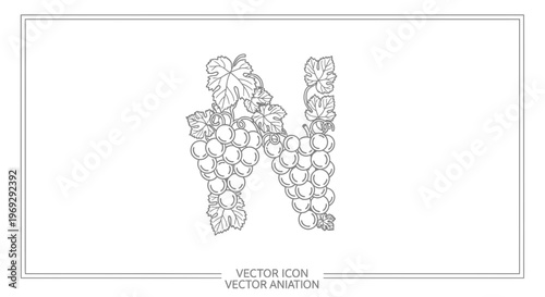 Grapevine Letter N Icon: Organic Grapes and Leaves, Vector Line Art