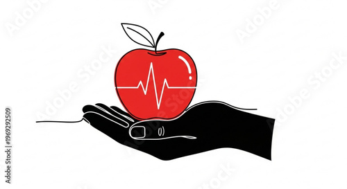 Hand holding red apple with ecg heartbeat line symbolizing health and wellness concept
