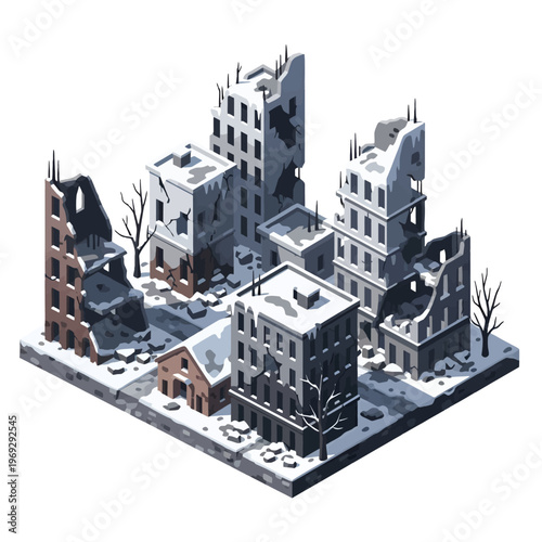 Destroyed urban buildings covered in snow during winter season