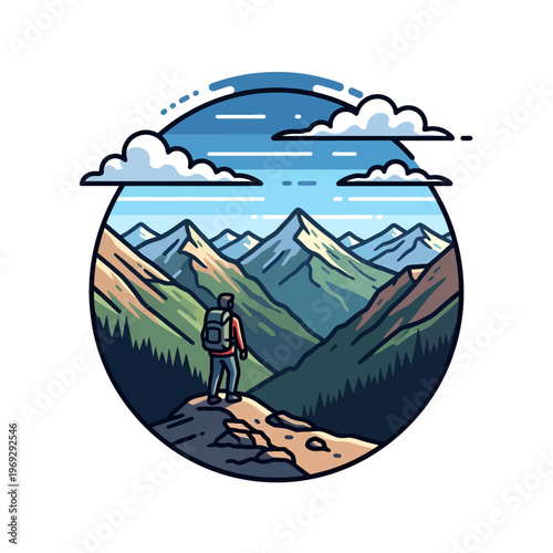 Adventurer gazes at a vast mountain range under a cloudy sky