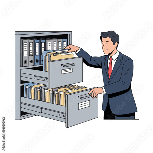 Man in suit organizing files in a cabinet