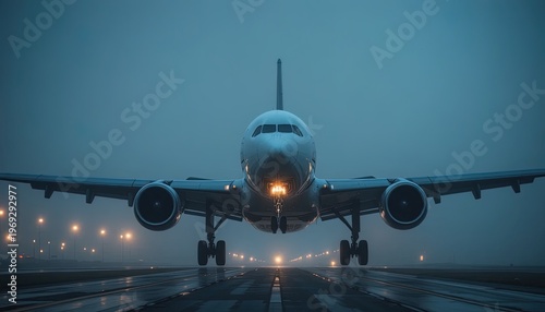 Airplane Landing on a Wet Runway at Dusk with Runway Lights Guiding the Way