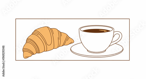 Freshly Baked Croissant and Hot Coffee Cup on Saucer