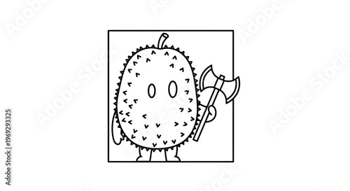 Funny cartoon durian character holding an axe, isolated on white background