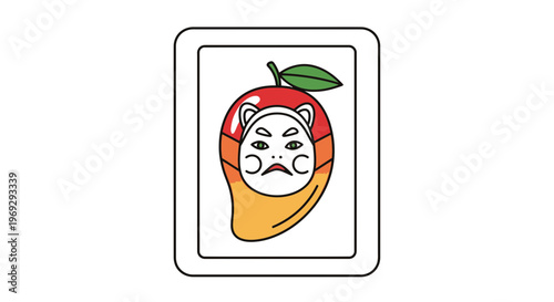 Funny cartoon mango character wearing a mask, with a sad face, isolated on white background