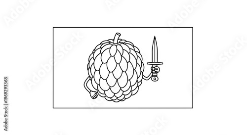 Funny cartoon pineapple character holding a sword, isolated on white background