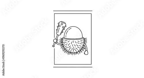 Funny cartoon rambutan character holding a club, outline drawing, isolated on white background