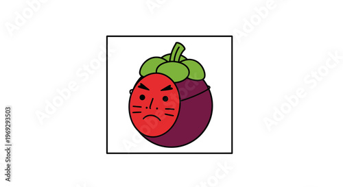 Funny Mangosteen Wearing a Mask with Angry Face, Cartoon Style