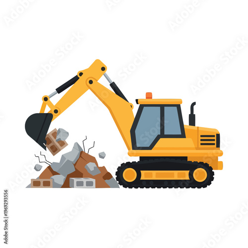 Heavy machinery excavates debris at a construction site