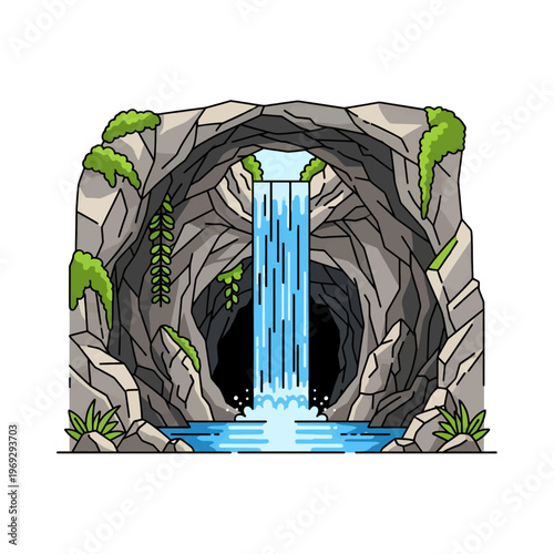 A cascading waterfall flows into a serene pool within a rocky cavern