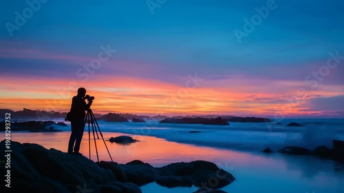 Silhouette of Photographer at Sunset Beach Scene