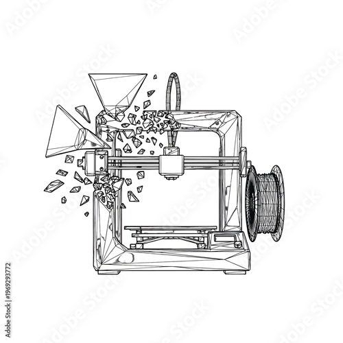 A wireframe 3D printer extruding fragmented material into a pile