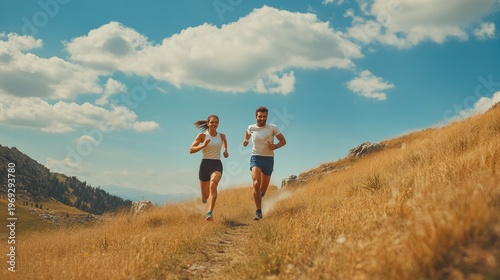 A man and woman jogging together on a dirt path through a field of dry grass on a sunny day