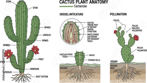Cactus Plant Anatomy Educational Diagram Showing Stem, Spines, Root System, Vascular Tissue, Water Storage Cells, and Pollination Process Vector Illustration