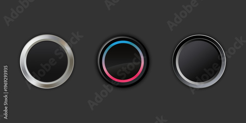 Vector set of glossy black and metallic round buttons with chrome frames. Realistic 3D design elements for web and app UI UX.