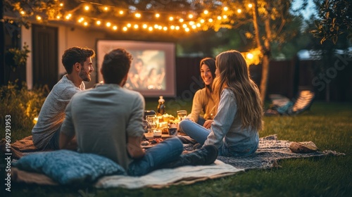 Four friends enjoy a cozy outdoor movie night in a backyard with string lights and a projector screen
