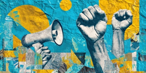 A vibrant, artistic representation featuring raised fists and a megaphone, symbolizing protest and activism against social injustices.
