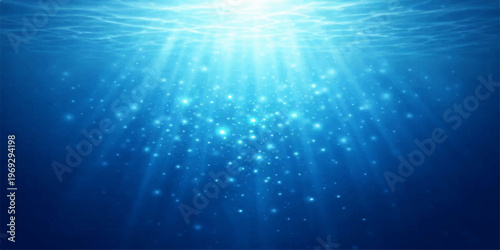 Abstract underwater scene, with light rays piercing the tranquil blue depths, creating a mesmerizing display of illumination and depth.