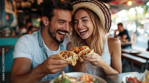 A happy couple enjoying tacos together at a casual restaurant